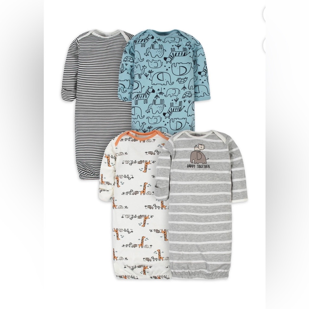 Gerber Baby 4-Pack Sleep Gowns Jungle Safari Animals 0-6m w/Mitten Cuffs NWT